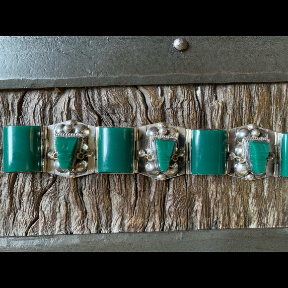 VINTAGE MEXICO JADE GLASS STERLING SILVER BRACELET - Picture 6 of 12